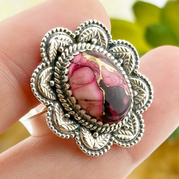 Pure Sterling Silver 925 Red Dahlia Turquoise Flower Navajo Style Ring Size 8.75 - Picture 4 of 10